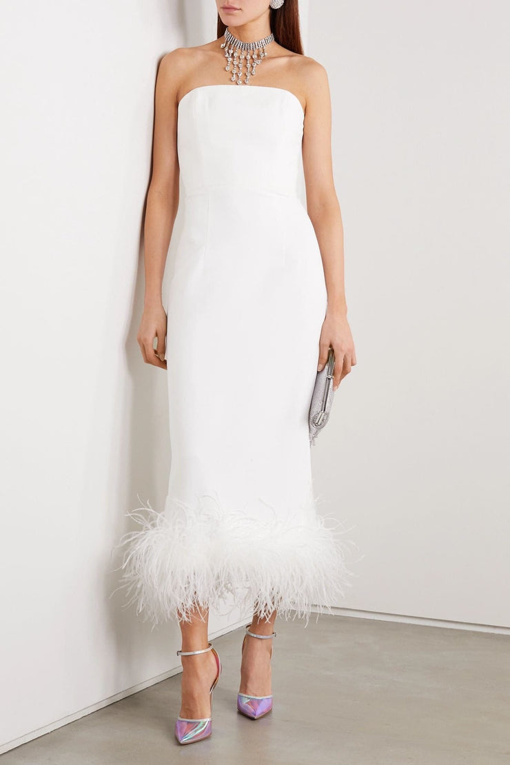Strapless feather-trimmed crepe midi dress